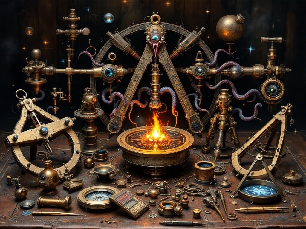 A collection of cursed Victorian scientific instruments arranged in a ritual pattern - theodolites, sextants, and compasses corrupted by cosmic horror elements. Tentacles and eyes emerge from brass and copper machinery. Dark energy swirls around the instruments against a backdrop of aged leather and wood.