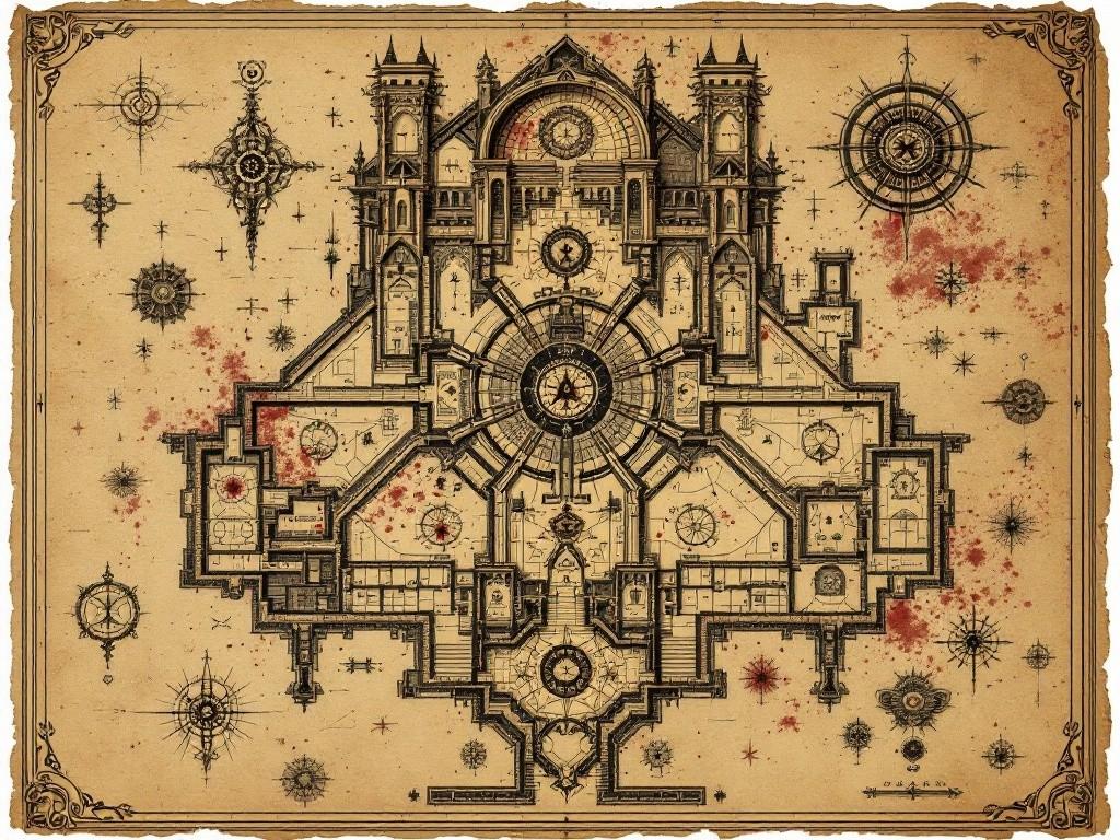 A Victorian-era map showing the Temple of Infinite Madness layout, featuring all 13 regions with eldritch symbols and dark stains. Gothic architectural details blend with cosmic horror elements. Lovecraftian geometries and impossible angles suggest reality distortion. Aged parchment with blood-red ink annotations.