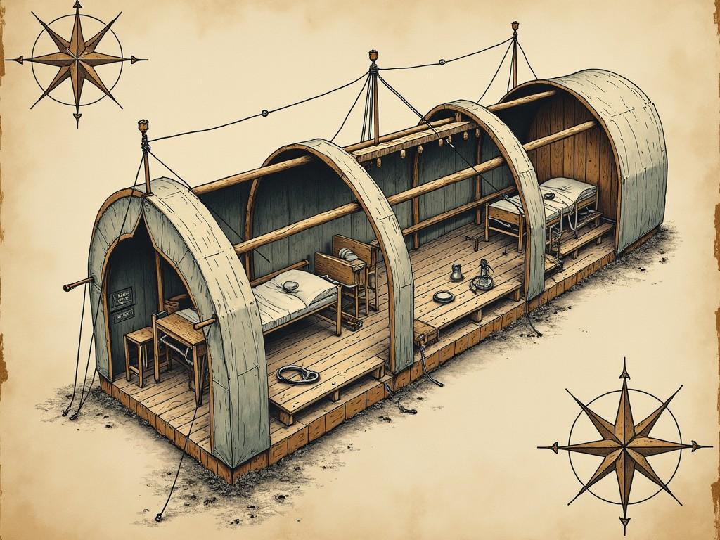 A medical tent interior with Victorian-era equipment. Three cots visible, one empty with broken restraints. Black fungal growth creeping up canvas walls. A kerosene lamp casts eerie shadows. An unconscious patient shows black veins spreading across their arm. Photorealistic, medical horror, Victorian era details.