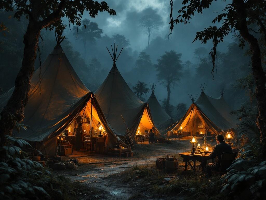 A Victorian-era expedition camp at dusk, with canvas tents illuminated by oil lamps. Scientific equipment scattered about, and a dark, ominous jungle looming in the background. Strange shadows cast by the tents don’t match their light sources. Photorealistic, detailed, atmospheric, horror elements subtle but present. Style of HP Lovecraft meets National Geographic 1889.