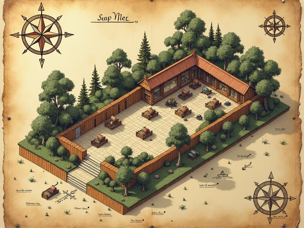 Top-down view of a Victorian expedition jungle camp layout in classic D&D map style, ink on parchment. Shows research tent, medical tent, supply area, and perimeter. Detailed annotations and legend. Strange geometric patterns in the surrounding jungle. Black ink, sepia background, compass rose with wavy needle. Scale bar present. Features signs of age and weathering.