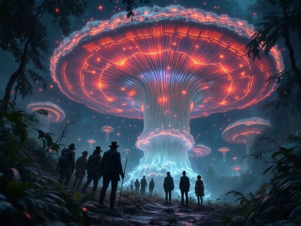 Ancient stone steps ascending through reality-warped jungle. Multiple moons visible in sky, stone pillars with moving eldritch symbols, floating rocks defying gravity. Victorian-era explorers in foreground for scale. Photorealistic, cosmic horror, architectural impossibility. Style of Piranesi meets Lovecraft.