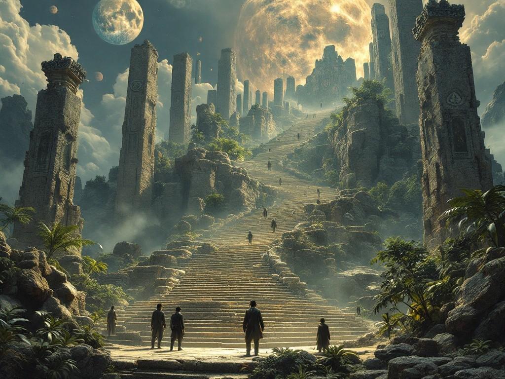 Ancient stone steps ascending through reality-warped jungle. Multiple moons visible in sky, stone pillars with moving eldritch symbols, floating rocks defying gravity. Victorian-era explorers in foreground for scale. Photorealistic, cosmic horror, architectural impossibility. Style of Piranesi meets Lovecraft.