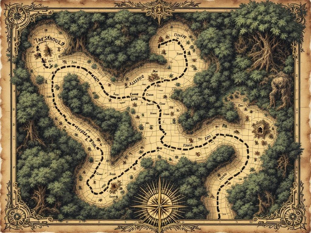 A path through four distinct jungle zones (Threshold, Fungal Grove, Dead Zone, Ancient Pathway), drawn in classical D&D style with top-down view. Ink on aged parchment, showing progression of corruption in vegetation patterns. Reality distortions indicated by warped grid lines. Includes compass rose with frantically spinning needle design. Notes in Victorian handwriting becoming increasingly erratic toward temple approach. Elaborate decorative elements suggesting cosmic horror.