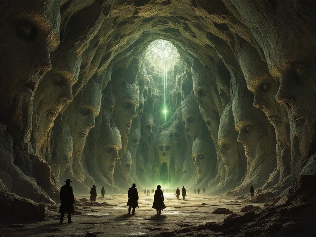 The Mask Maker’s Sanctum with floating stone masks, autonomous ancient tools carving faces, and reality-warping mirrors. Living stone veins pulse with eldritch energy. Partially transformed explorer examining their reflection showing multiple shifting faces. Photorealistic, body horror, cosmic dread. Style of HR Giger meets Victorian Gothic.