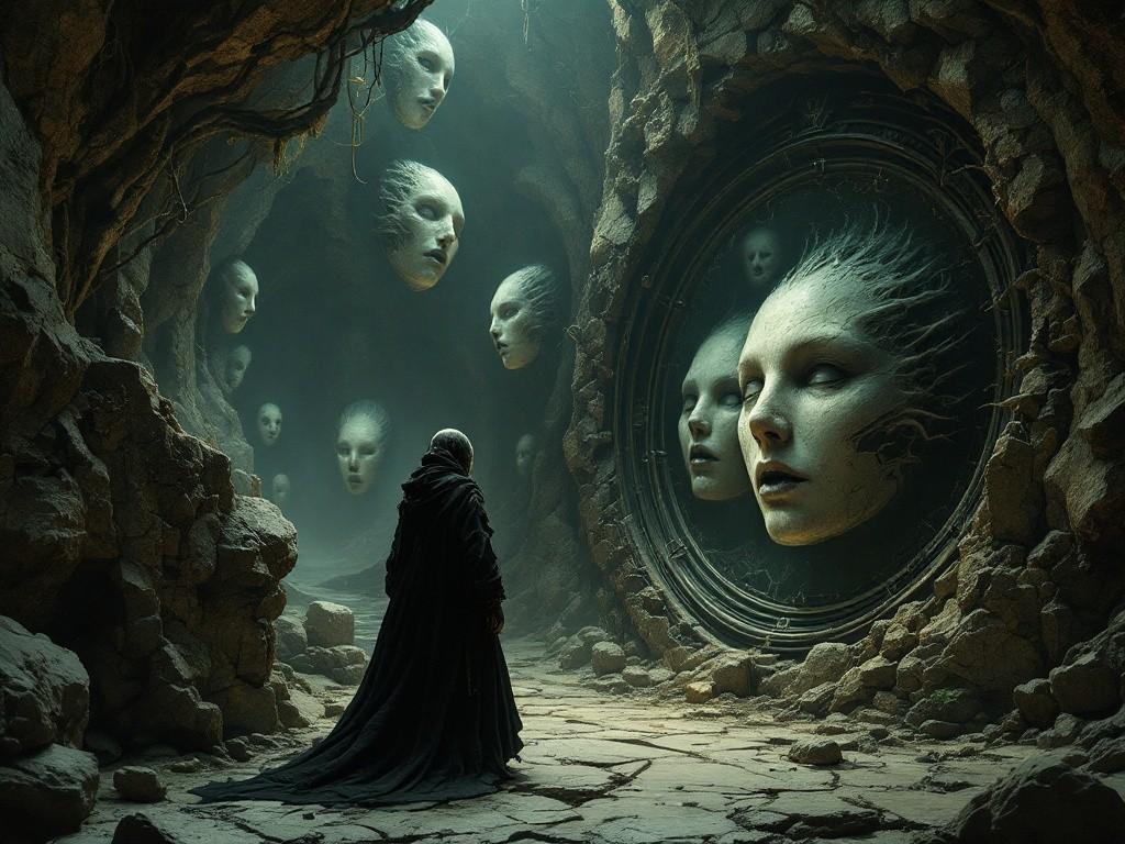 A vast cathedral-like chamber with walls, floor, and ceiling covered in slowly moving stone faces. Victorian-era explorers in foreground, some showing signs of stone transformation. Mercury-like tears flowing down walls, green-black light pulsing from depths. Photorealistic, cosmic horror, architectural impossibility. Style of Zdzisław Beksiński meets Gothic architecture.