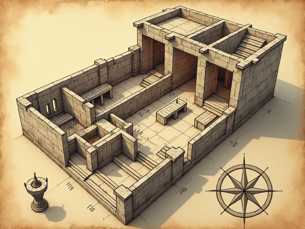 Top-down view of three interconnected chambers (Hall of Countless Faces, Transformation Chamber, Mask Maker’s Sanctum) in classical D&D dungeon map style. Ink on aged parchment with face motifs in margins. Detailed architectural features showing flowing stone patterns. Victorian-era notations becoming increasingly distorted. Chamber walls decorated with minute face designs. Central pit in Transformation Chamber shown with spiral patterns. Scale and compass rose decorated with mask designs.