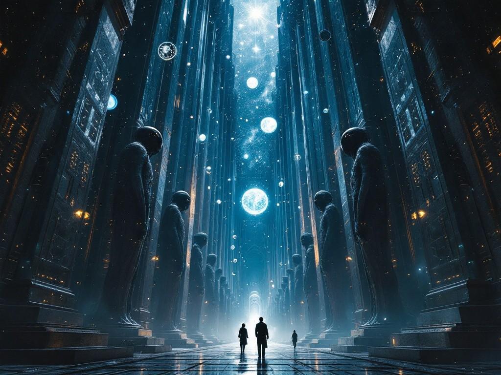 A vast, impossibly tall cathedral space stretching into cosmic void, lined with mile-high statues of alien gods. Floating geometric shapes and constellation patterns hover in the air. Victorian-era explorers dwarfed by scale. Cosmic horror meets religious architecture, dramatic lighting with star-like points of light. Hyper-detailed, atmospheric.
