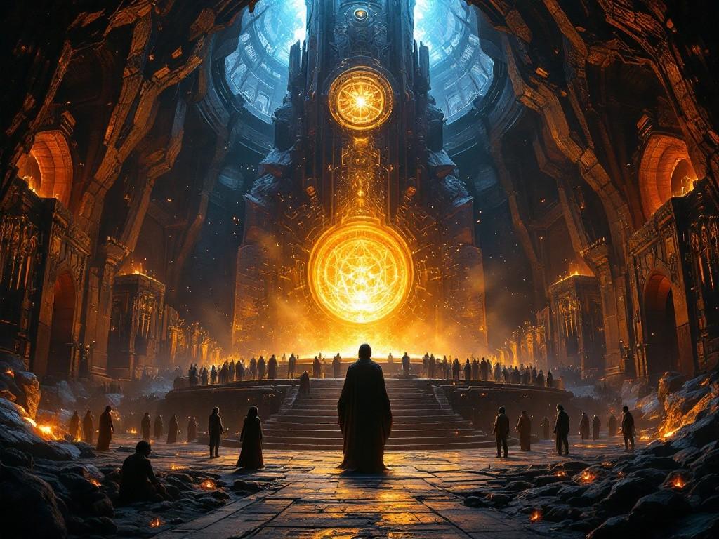 The Idol Forge chamber with a massive reality-bending furnace glowing with stellar energy. Star-metal and crystallized worshippers scattered about. The Stone Prophet figure merged with divine geometry speaks to adventurers. Dark cosmic horror aesthetic with elements of industrial Victorian craft. Dramatic lighting, highly detailed.