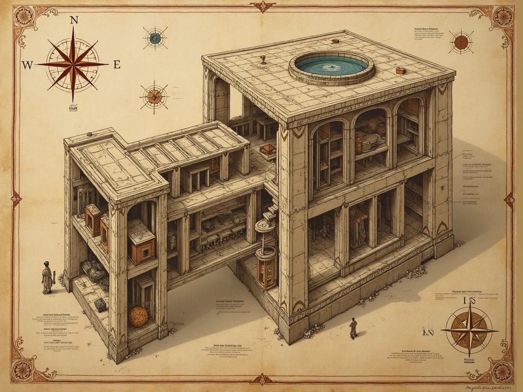 Ancient technical drawing of the Gallery of False Gods, showing three main chambers with impossible geometric patterns and constellation maps. Victorian-era architectural style meets cosmic horror. Detailed annotations of star patterns and reality tears. Aged parchment texture with ink and watercolor. Features include the mile-high colonnade, pantheon space, and idol forge chamber. Decorative elements include small idol sketches and geometric patterns.