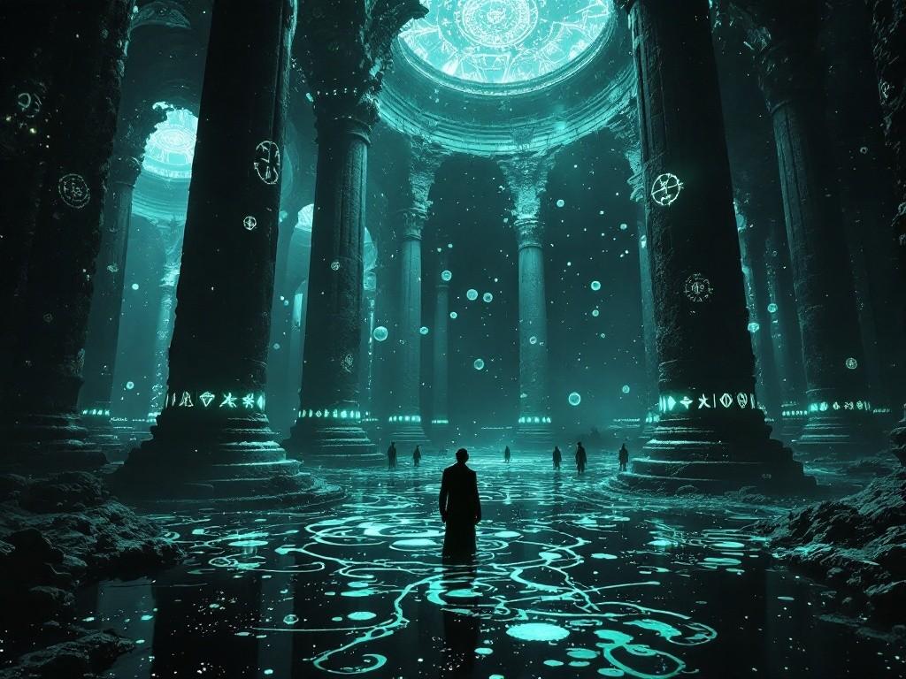 A vast underwater chamber with gothic architecture, black water filled with bioluminescent patterns. Massive stone pillars rise from depths, carved with shifting symbols. Victorian-era explorers partially submerged, surrounded by floating memory bubbles and thought currents. Cosmic horror meets underwater temple, dramatic underwater lighting effects.