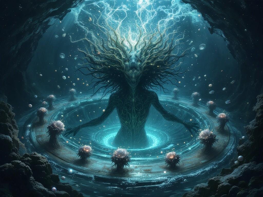 The Drowned Oracle in final form, a being of water and consciousness emerging from a whirlpool altar. Surrounded by floating memory pearls and thought fragments. Dark cosmic horror underwater scene with bioluminescent highlights. Victorian deep sea exploration meets eldritch transformation.