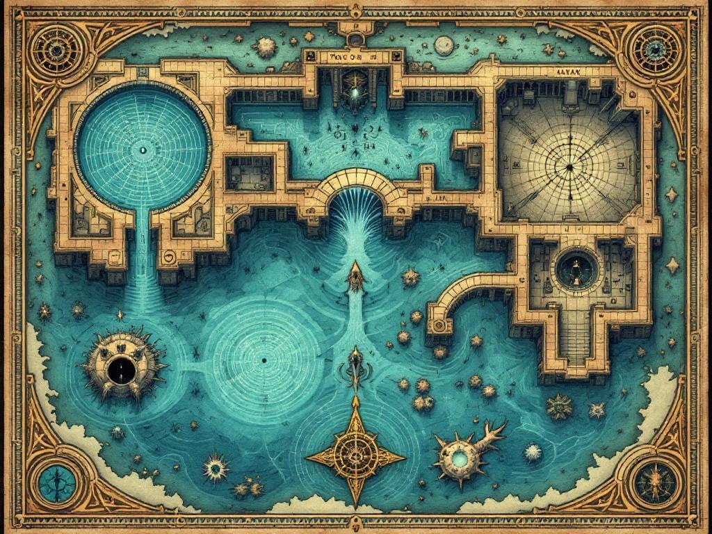 Detailed underwater temple map showing three main chambers: Pools of Memory, Deep Altar, and Drowning Chamber. Victorian-era nautical chart style meets eldritch horror. Multiple depth levels indicated, with whirlpool patterns and current flows. Decorated with aquatic horror elements and transformation diagrams. Aged underwater parchment texture with ink and watercolor wash effects. Includes depth measurements and warning markers.