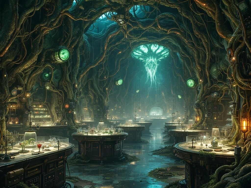 A vast biological laboratory chamber with walls of living tissue and pulsing organic machinery. Tubes of flowing fluids connect growth pods filled with mutating specimens. Victorian-era scientific equipment merged with living flesh. Biopunk horror meets gothic architecture, with eerie bioluminescent lighting.