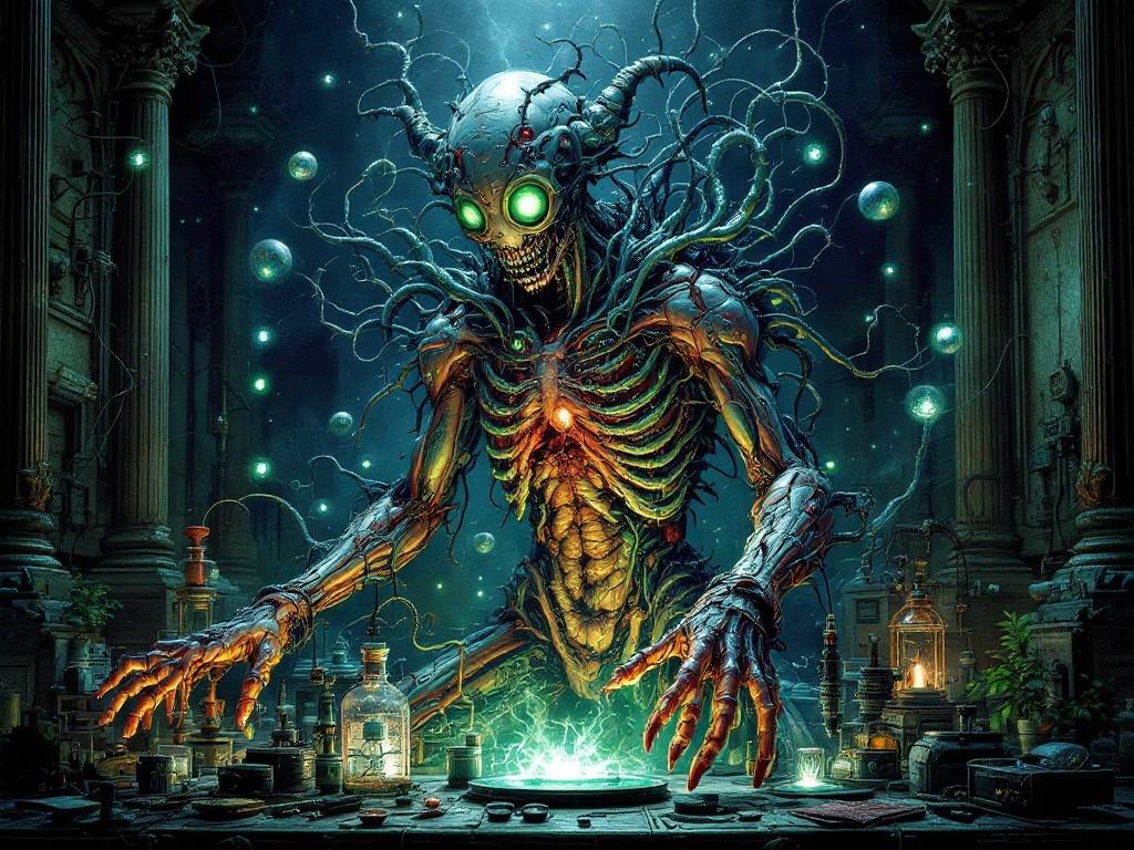 The First Experiment in its final form, a perfect fusion of flesh and evolution. Surrounded by mutation waves and organic machinery. Anatomical horror meets scientific precision. Victorian laboratory equipment merged with living tissue. Bioluminescent horror scene with mutation effects.