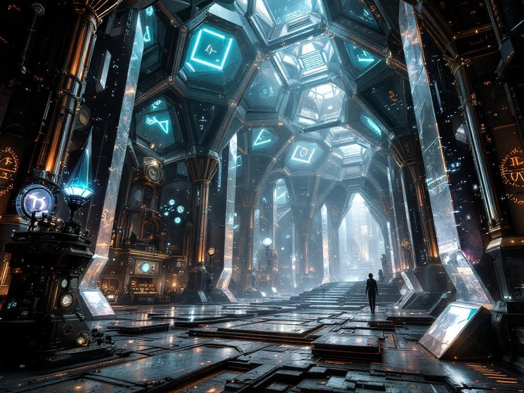 A vast chamber of impossibly geometric crystal formations, with non-euclidean angles and self-replicating patterns. Mathematical equations float in the air as glowing symbols. Victorian-era scientific equipment merged with crystal computing structures. Geometric horror meets steampunk architecture, with prismatic lighting effects.