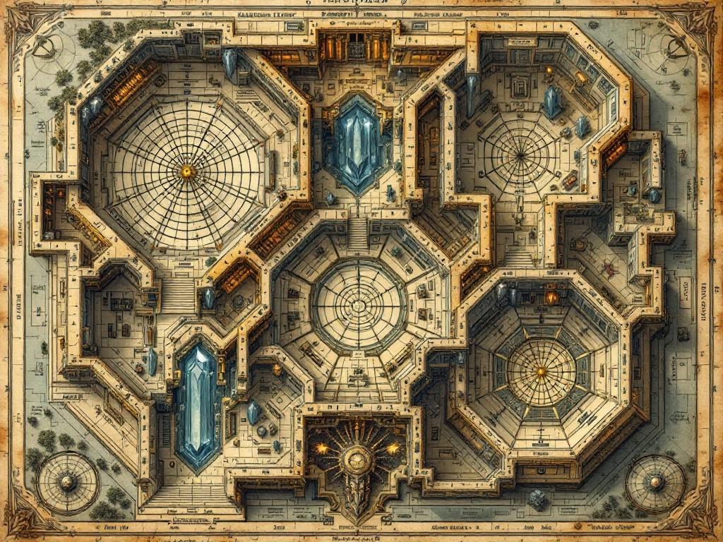 Detailed crystalline laboratory map showing three main chambers: Fractal Maze, Calculation Core, and Crystal Forge. Victorian scientific illustration style meets geometric horror. Multiple levels with crystal pathways, mathematical corridors, and pattern nodes. Decorated with geometric proofs and crystal formation diagrams. Aged parchment texture with mathematical annotations and reality distortion warnings. Includes pattern zones and truth measurement scales.