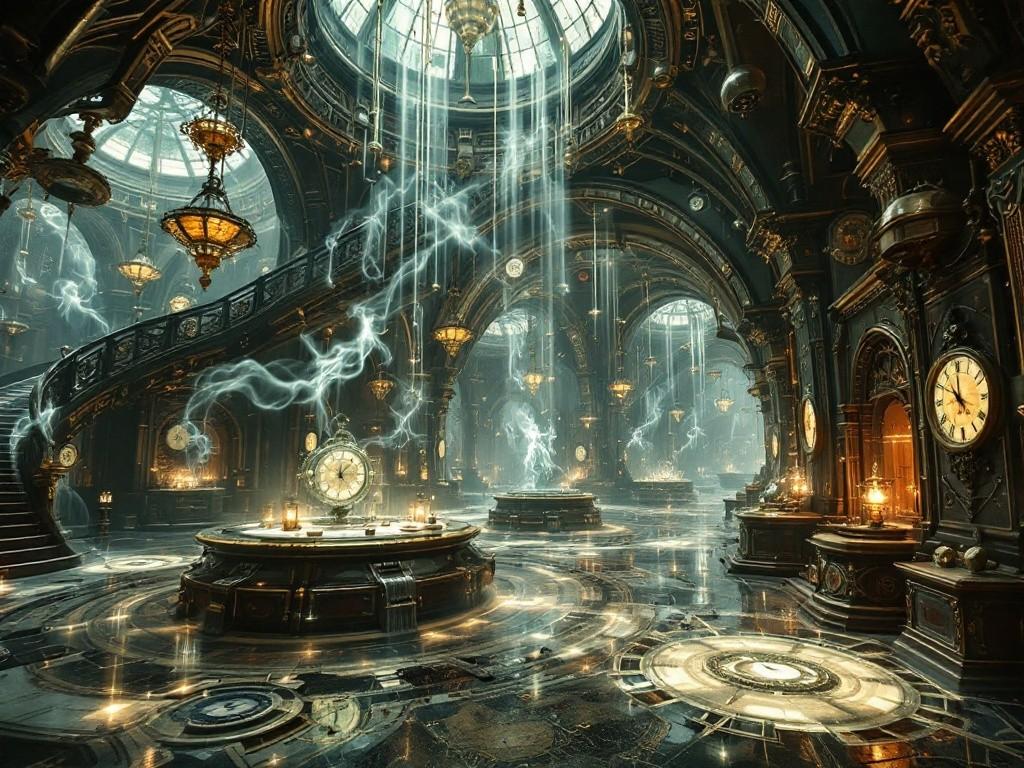 A vast Victorian-era chamber where multiple timelines visibly intersect, showing ghostly versions of the same space overlapping. Floating chronometers and temporal measurement devices. Time flows like liquid light through the air. Steampunk time machines merged with probability processors. Multiple versions of the same objects existing simultaneously.