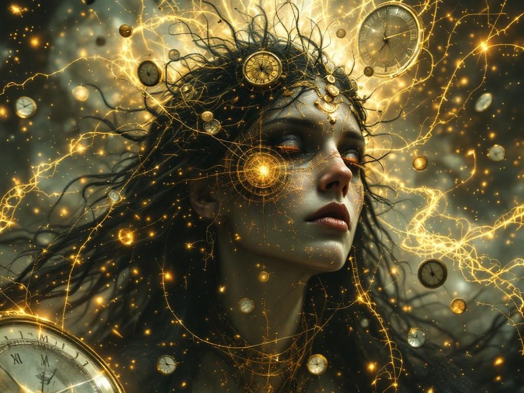 The Time Weaver in its final form, a being of pure temporal energy and causality. Multiple versions of itself existing simultaneously, surrounded by floating chronometers and reality-warping temporal effects. Victorian scientific horror meets time manipulation. Probability streams visible as golden threads of light. Multiple timeline versions visible in background.