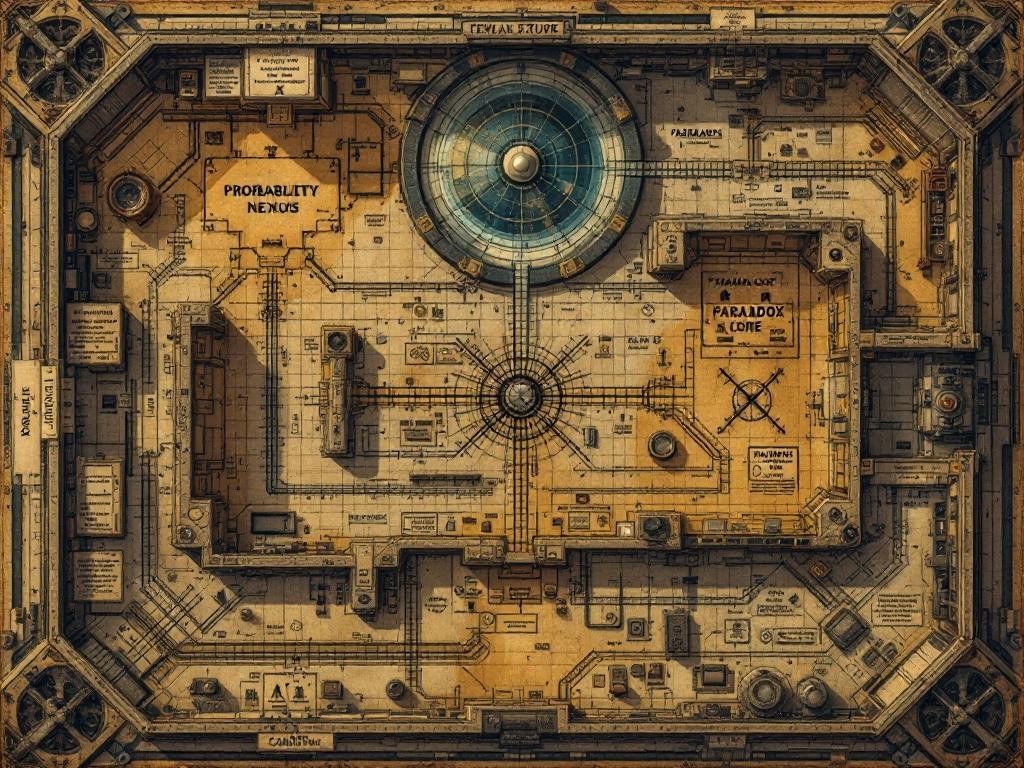 Detailed temporal laboratory map showing three main chambers: Probability Nexus, Temporal Core, and Paradox Chamber. Victorian scientific illustration style meets temporal horror. Multiple levels with timeline pathways, probability corridors, and moment nodes. Decorated with temporal diagrams and timeline measurement devices. Aged parchment texture with temporal annotations and causality warnings. Includes probability zones and timeline measurement scales.