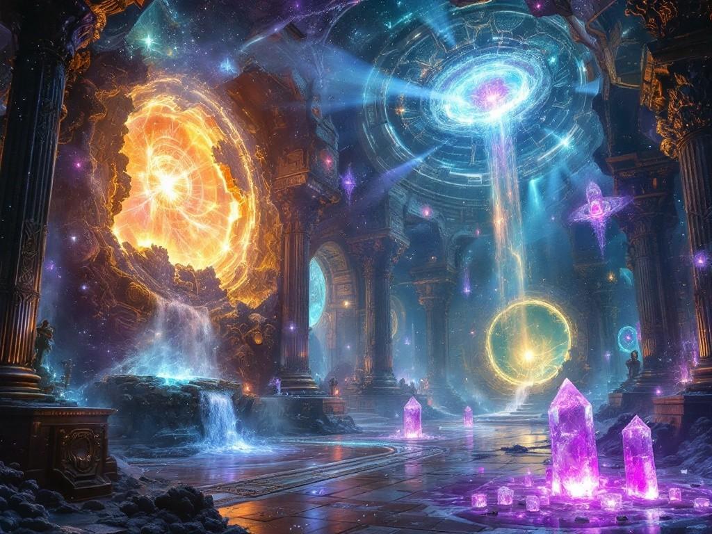 A vast cosmic chamber where reality visibly tears and reforms. Multiple portals showing impossible dimensions float in space. Reality fountains spew pure creation energy. Victorian-era scientific instruments merged with cosmic horror elements. The walls show multiple physics laws simultaneously, with floating crystalline truth fragments.