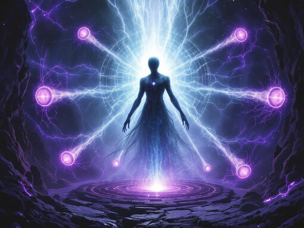 The Core Guardian in its final form as a being of pure gateway energy. Multiple portals orbit around its form, showing glimpses of impossible dimensions. Victorian scientific horror meets cosmic horror. Void streams visible as dark purple energy threads. Multiple realities visible through dimensional tears in background.