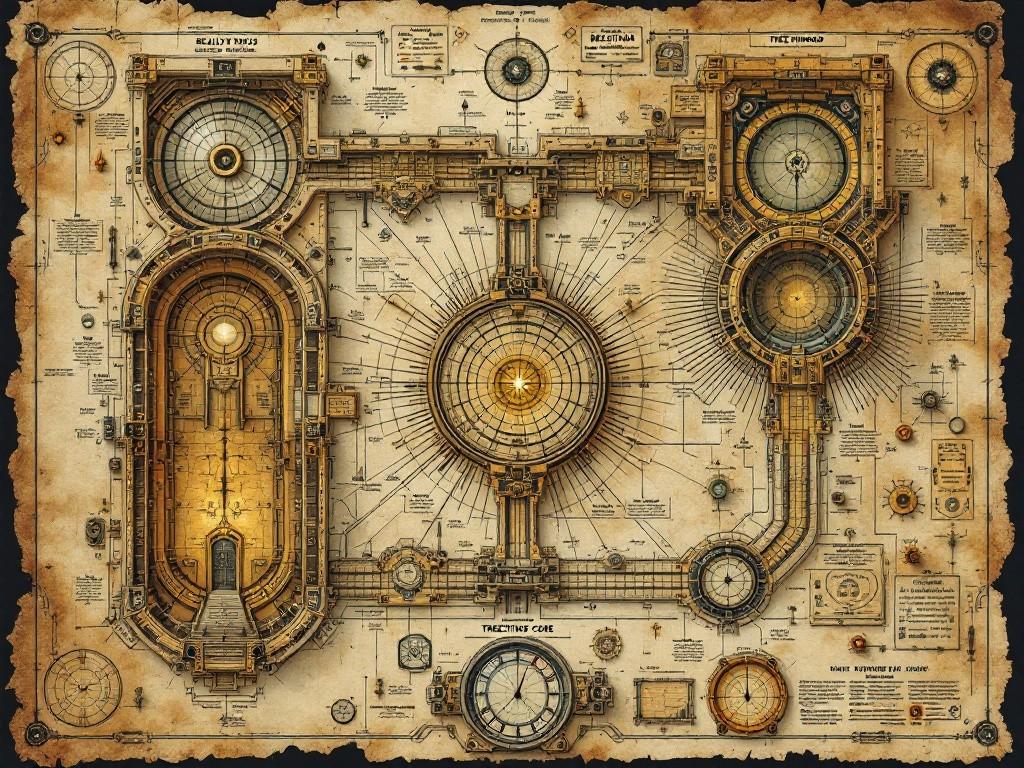 Detailed interdimensional laboratory map showing three main chambers: Reality Nexus, Beating Core, and The Threshold. Victorian scientific illustration style meets cosmic horror. Multiple levels with portal pathways, void corridors, and gateway nodes. Decorated with dimensional diagrams and portal measurement devices. Aged parchment texture with reality annotations and void warnings. Includes gateway zones and dimensional measurement scales.