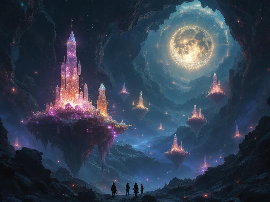 A vast void space with floating islands of crystallized memories. Victorian-era explorers tethered together by glowing reality threads. Memory crystals emit soft light in the darkness. The void itself seems to bend and twist around points of preserved reality. Ethereal horror elements mixed with steampunk survival gear.