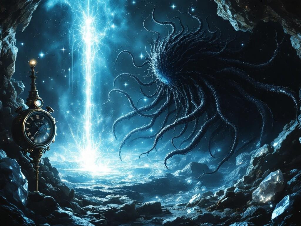 A Nothing Weaver entity - a being of pure void with tentacles of un-reality, attempting to unravel a glowing anchor point. Victorian scientific instruments float nearby, measuring reality density. Memory crystals shine like stars in the background. The scene combines cosmic horror with Victorian scientific precision.