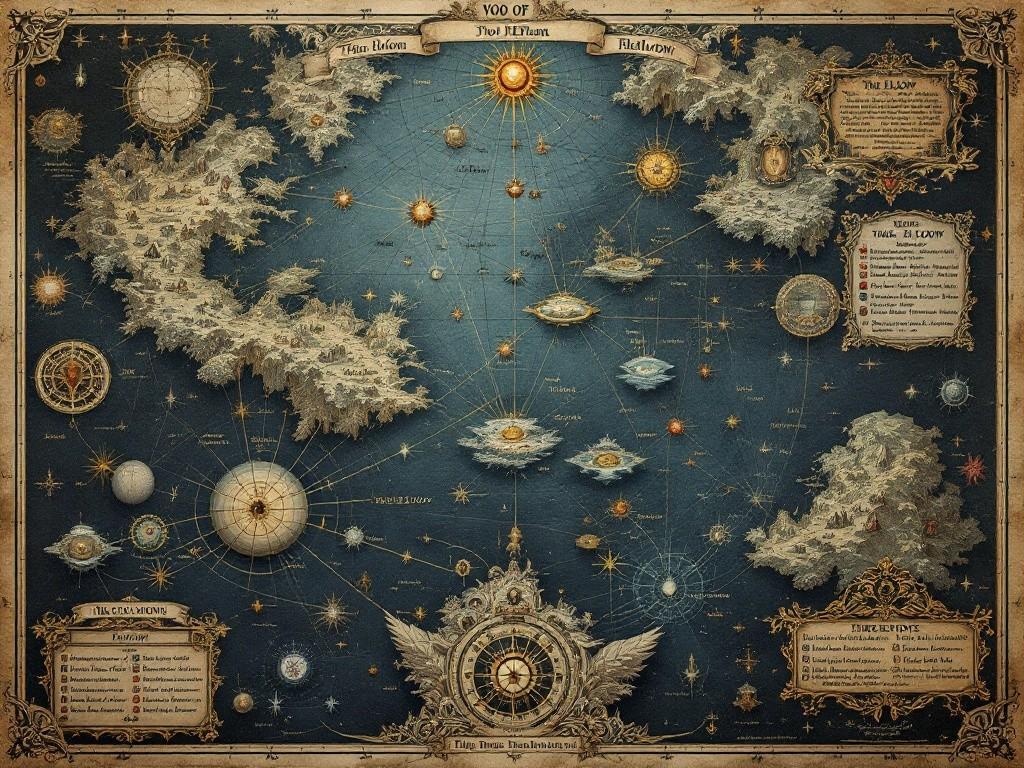 Intricate map of the void realm showing floating anchor points connected by reality threads. Victorian scientific illustration style with detailed annotations about reality density and memory strength. Shows three main zones: Anchor Points, The Hollow, and Threshold Spaces. Includes navigation markers, void current flows, and anchor strength measurements. Decorated with void warning symbols and survival reference charts. Aged parchment texture with reality preservation notes.