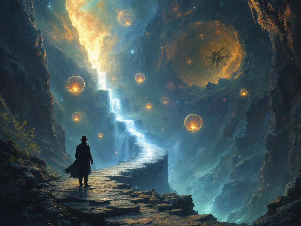 A victorian-era adventurer at a dream bridge crossing point, where reality visibly bends and distorts. Multiple ethereal paths stretch into a void that looks unnaturally welcoming. Glowing wake bells and reality compasses float nearby. The scene combines cosmic horror with an almost seductive peaceful quality.