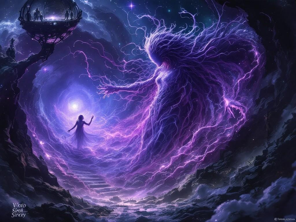 A Void Siren entity - a beautiful but terrifying being made of peaceful void-stuff, reaching out with tendrils of comfortable nothingness. Victorian scientific instruments show dangerous reality readings nearby. The background shows multiple adventurers already peacefully dissolving into the void. Horror meets serenity.