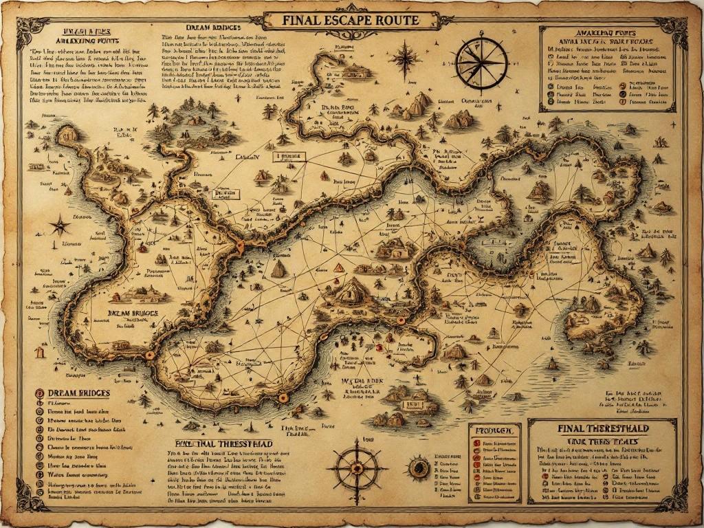 Intricate map of the final escape route showing Dream Bridges, Awakening Points, and the Final Threshold. Victorian scientific illustration style with detailed annotations about reality stability and wake potential. Shows emergency escape routes and void acceptance danger zones. Includes wake measurements, reality readings, and truth indicators. Decorated with warning symbols and acceptance stage markers. Aged parchment texture with escape route calculations and random tables.