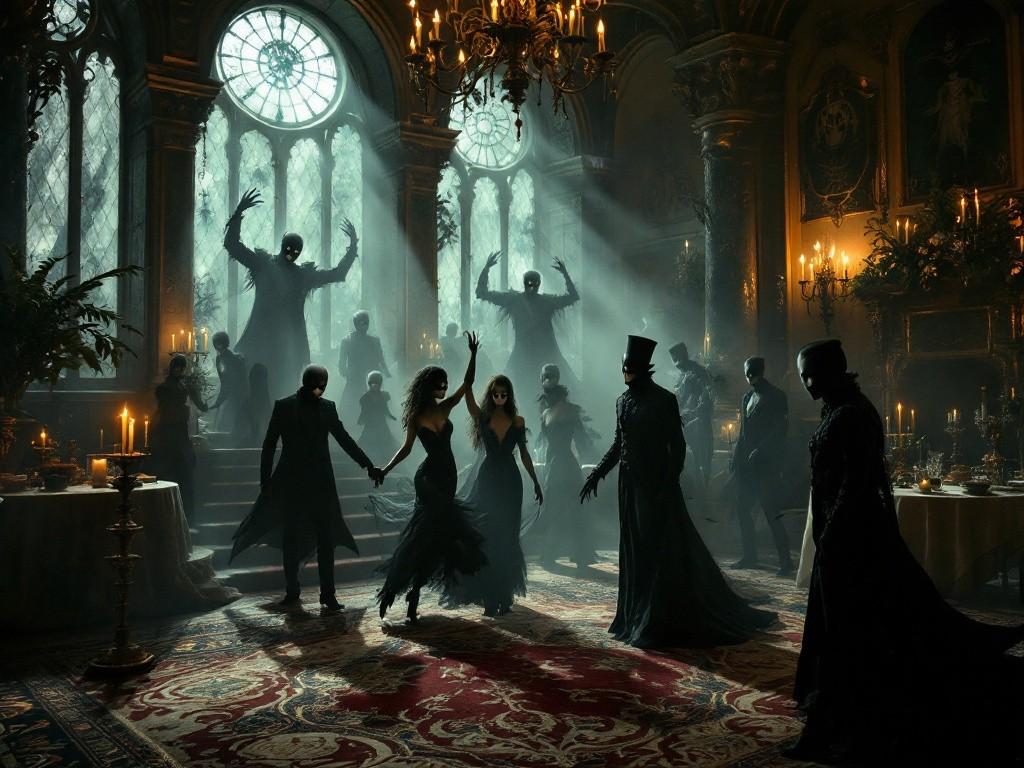 A masquerade ball scene in a Victorian mansion where masked dancers cast impossible shadows. Ornate architecture and candlelight create an atmospheric setting, while hidden eldritch symbols appear in the decorative patterns. Some masks seem to shift and change when viewed closely.