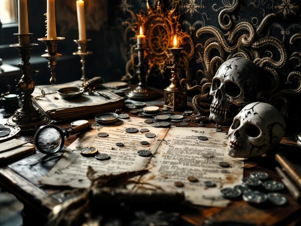 Victorian-era detective’s desk with scattered evidence - aged documents, a magnifying glass, mysterious silver coins, and ritual masks. Candlelight casts ominous shadows, while tentacle-like patterns subtly emerge in the wallpaper behind. Style combines Victorian elegance with creeping cosmic horror elements.