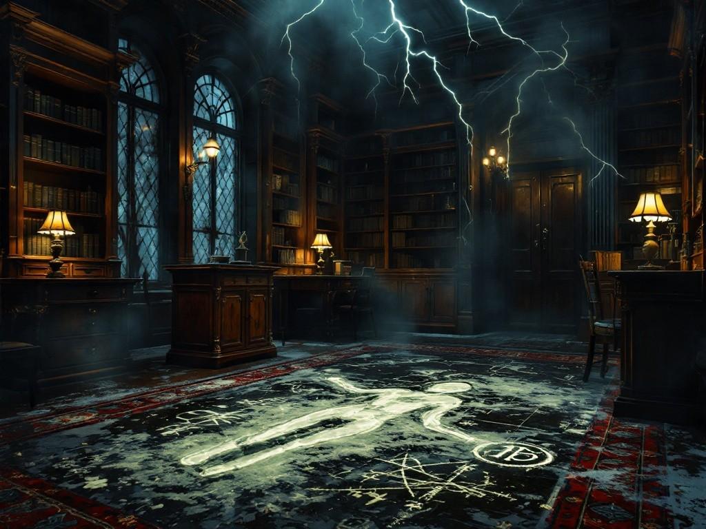 A Victorian study at night during a thunderstorm. Mahogany bookshelves, empty display cases, and strange symbols drawn in ash on the floor. A body outline in chalk, with void-touched residue giving off an eerie glow. Gas lamps cast long shadows, and a butler’s footprints are visible in the ash. Style: Gothic horror meets classic mystery, detailed architectural rendering with atmospheric lighting.