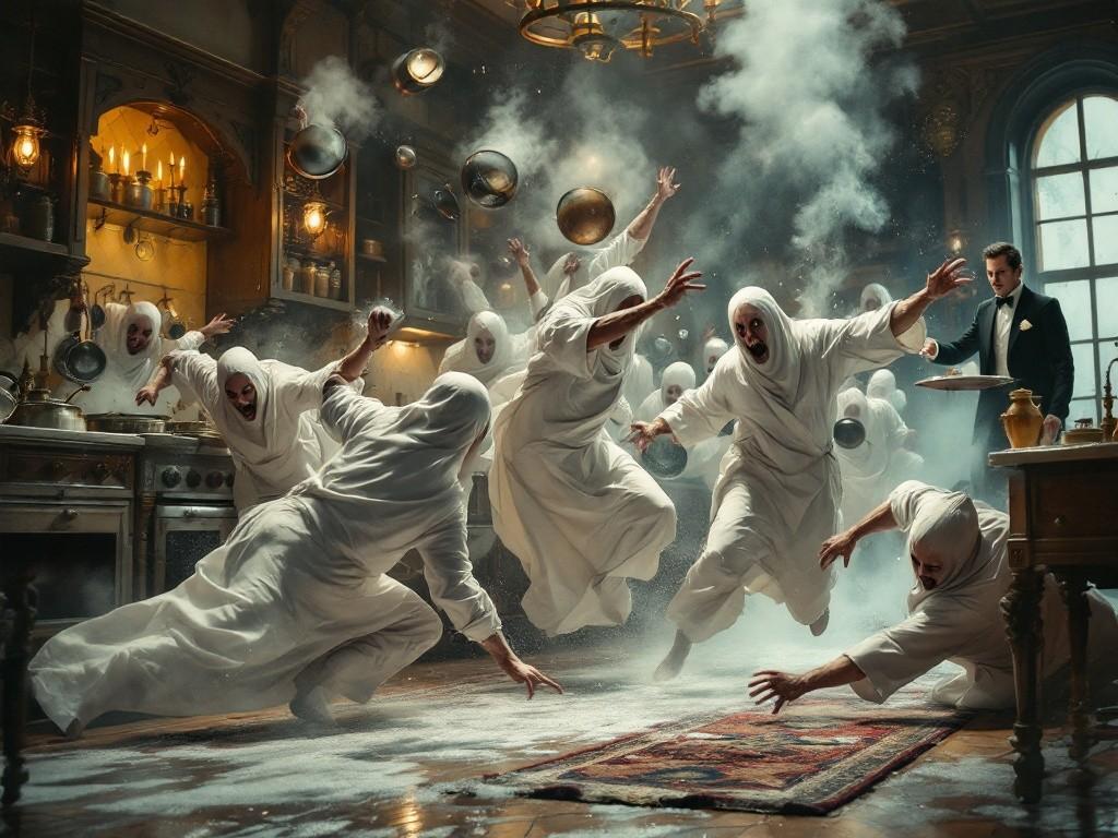 A dramatic chase scene in a Victorian mansion kitchen. Flying pots and pans, steam filling the air, and cultists in half-falling white sheets sliding across a soapy floor. A perfectly composed butler watches from a doorway, holding a tea tray without spilling a drop. Gas lamps and copper cookware provide warm highlights. Style: Dynamic action scene with elements of comedy, rendered in rich colors with dramatic lighting.