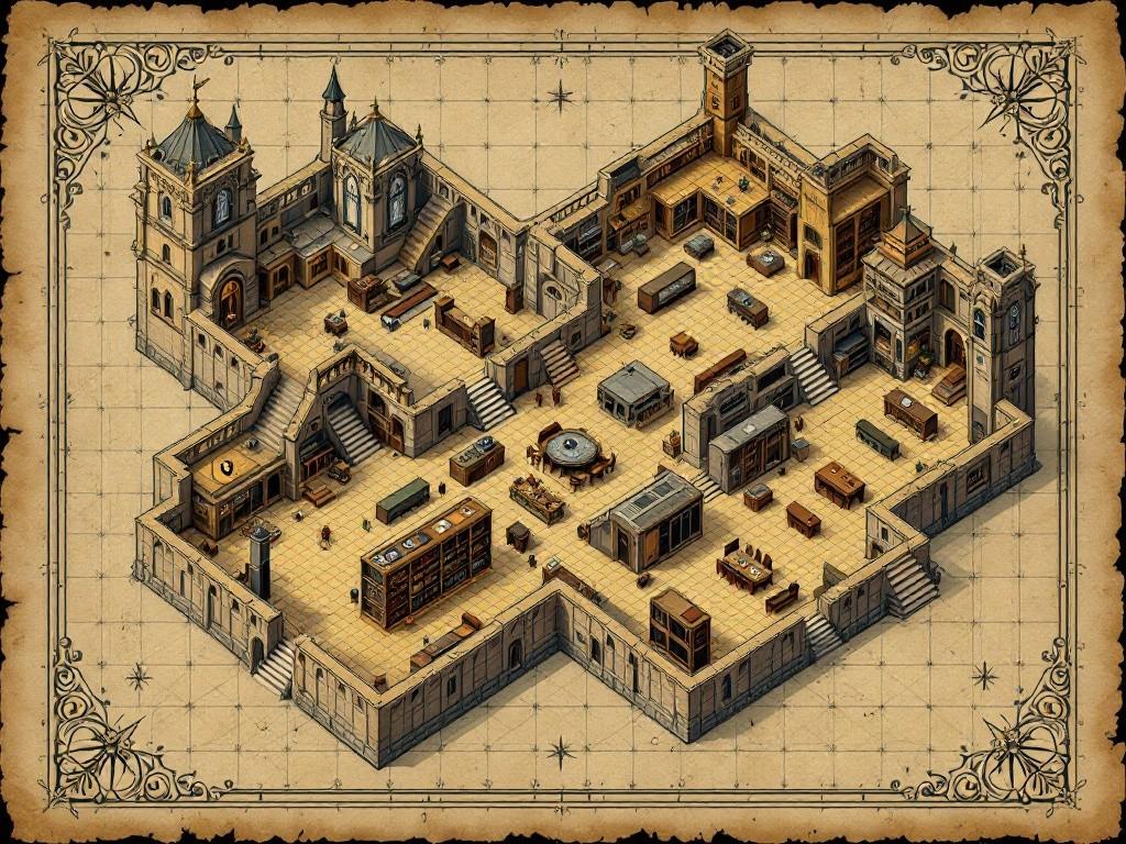 Classic D&D-style isometric mansion map featuring Victorian architecture. Two-floor layout showing: GROUND FLOOR with grand entrance, long gallery (with secret passages), dining room, and extensive kitchen. UPPER FLOOR with study (featuring void symbols), library, and connected hidden passage network. Include detailed furnishings, secret doors, and dumbwaiter system. Style: Traditional D&D dungeon map in sepia tones with blue grid, vintage parchment texture, Gothic decorative borders featuring Victorian architectural elements. Compass rose with mystical symbols.