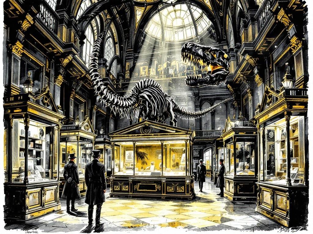 A Victorian museum’s grand hall at night, illuminated by gaslight. A massive dinosaur skeleton casts dramatic shadows, while mysterious figures in poorly-fitted guard uniforms lurk near display cases. Ornate architecture, brass fixtures, and marble floors create an atmosphere of faded grandeur. Style: Detailed pen and ink with watercolor wash, architectural precision.