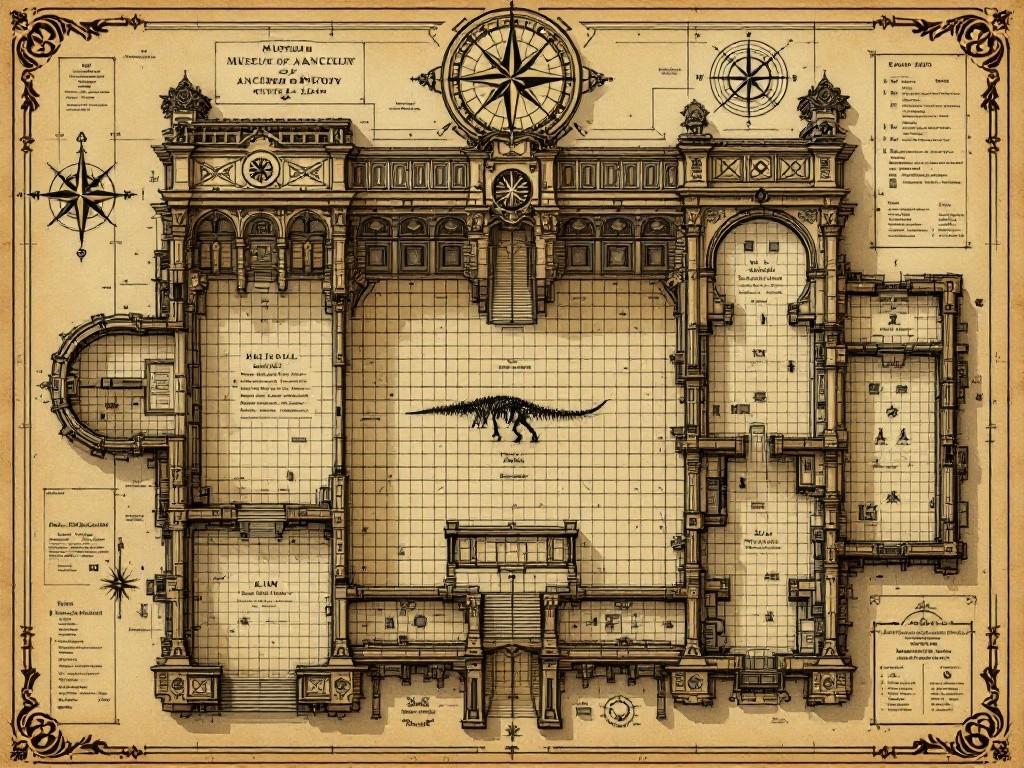 A top-down map of the Museum of Ancient History in Victorian architectural style. Detailed floor plan showing main hall with dinosaur skeleton, exhibition wings, and maintenance tunnels. Includes annotations, compass rose, and decorative elements like gargoyles and architectural flourishes. Style: Antique technical drawing with sepia tones.