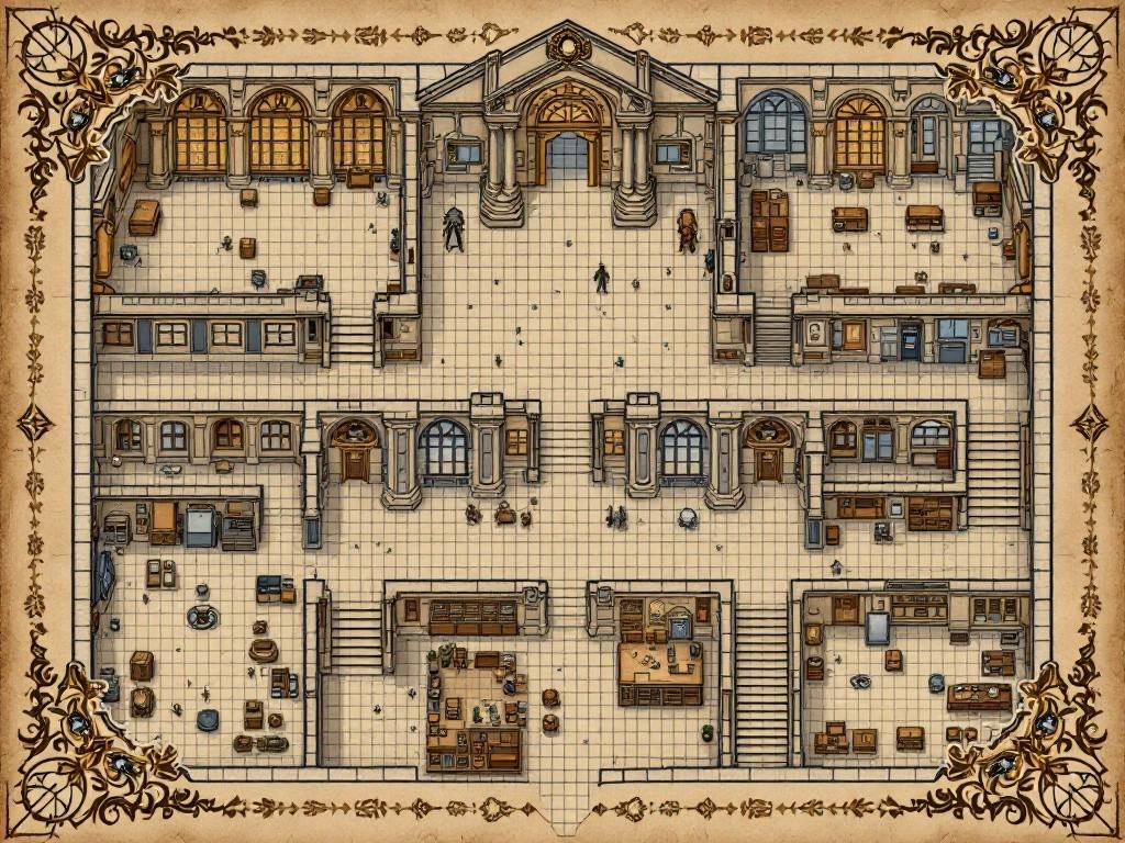 Professional D&D-style isometric dungeon map of the Museum of Ancient History. Two-level design featuring: UPPER LEVEL: Grand entrance with marble columns, central hall with massive dinosaur skeleton (accurately scaled), Ancient Civilizations wing with glass display cases, conservation lab, and security desk. Victorian architectural details including ornate archways and decorative tiles. LOWER LEVEL: Connected maintenance tunnels, storage rooms with scattered crates, workshop area with tools and artifacts, and secret study room. Include multiple staircases and service elevators connecting levels. Style: Classic D&D dungeon map illustration in brown ink with blue grid overlay, parchment texture background, detailed room labels, and a Gothic-Victorian ornamental border. Include small artistic touches like a decorative compass rose and thematic corner embellishments featuring museum artifacts. Resolution: Square format, highly detailed for printing clarity.