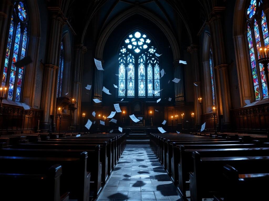A Gothic chapel interior at night, moonlight streaming through stained glass windows. A pipe organ plays itself while sheet music floats in the air. Flickering candles cast long shadows across empty pews. Style: Dark atmospheric architecture photography with elements of supernatural mystery, dramatic lighting contrasts.