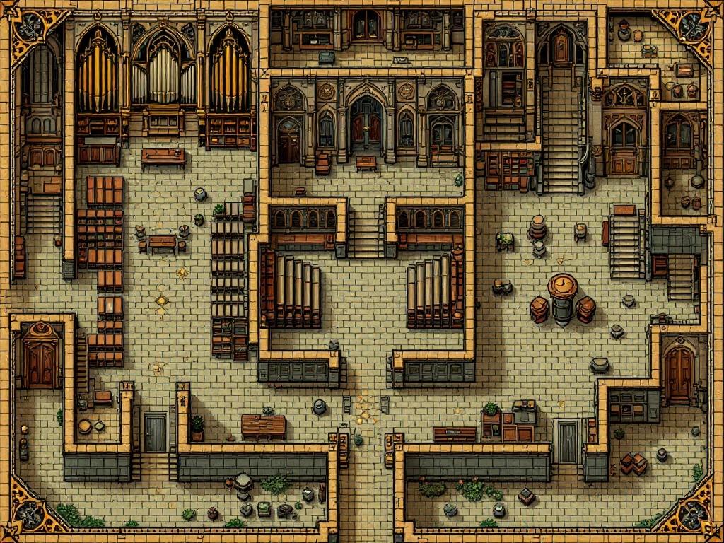 Classic D&D-style isometric chapel map featuring Gothic architecture. Three-level design showing: MAIN FLOOR with nave, main chapels with bench seating, library wing, and prayer garden. CHOIR LOFT with organ mechanism and hidden passages. BELL TOWER with multiple levels, spiral stairs, and bell mechanism. Include detailed religious elements, secret doors, and Bernard’s security systems. Style: Traditional D&D dungeon map in sepia tones with blue grid, Gothic church architectural details in margins, religious symbols in corner decorations.