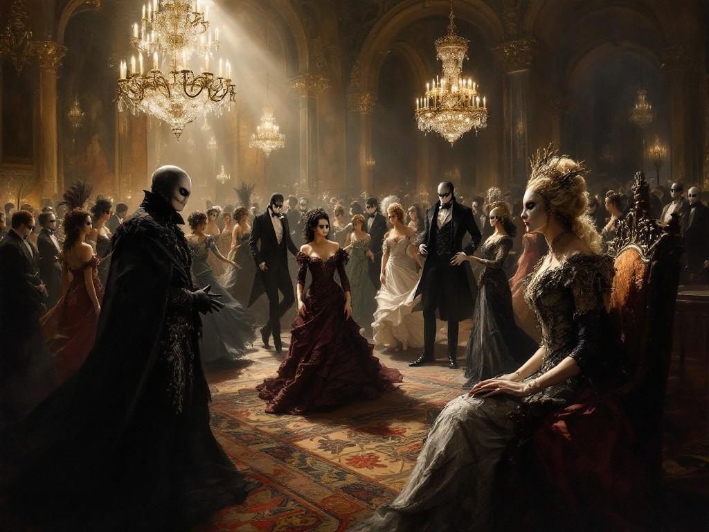 A grand Victorian ballroom filled with masked dancers in elaborate costumes. Crystal chandeliers cast dramatic light across swirling figures. In the foreground, a suspicious exchange between two masked nobles, while Lady Ravencrest watches from her throne-like chair. Style: Elegant oil painting with dark undertones, dramatic lighting, rich colors and intricate costume details.