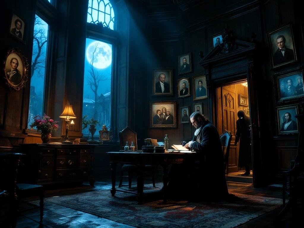 A private study illuminated by moonlight streaming through tall windows. The walls are lined with family portraits, their eyes seeming to follow movement. A figure in noble attire examines documents near a partially opened safe, while a sinister shadow looms in the doorway. Style: Gothic horror meets Victorian mystery, dramatic moonlight, rich wooden textures.