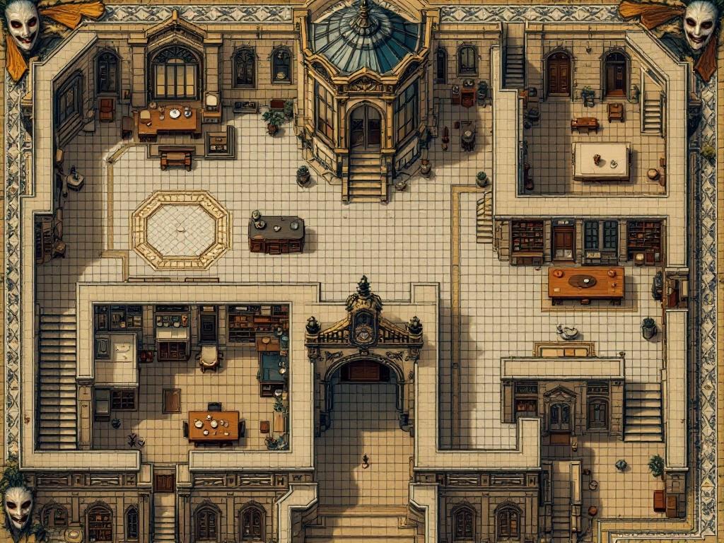 Classic D&D-style isometric manor map featuring Victorian architecture. Three-floor layout showing: GROUND FLOOR with grand entrance, ballroom, dining room, and conservatory. SECOND FLOOR with study, library, and family quarters. SERVANT LEVEL with hidden passages, storage, and escape routes. Include detailed furnishings, secret doors, and multiple staircases. Style: Traditional D&D dungeon map in sepia tones with blue grid, Victorian architectural embellishments, decorative border featuring masquerade masks and musical instruments.