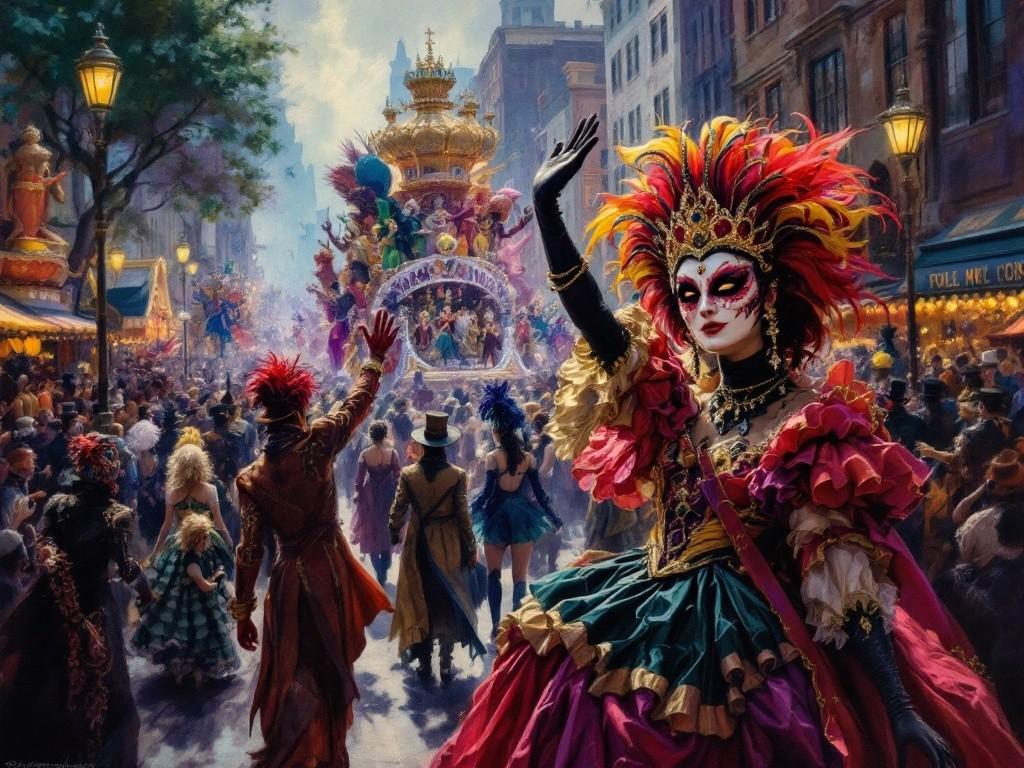 A vibrant Victorian-era street festival scene with colorful parade floats and costumed revelers. In the foreground, the Festival Queen waves to the crowd, her beautiful mask hiding sinister intent. Investigators blend with the crowd while cultists move in elaborate festival costumes. Style: Dynamic oil painting with rich colors, festival atmosphere, hidden darkness.
