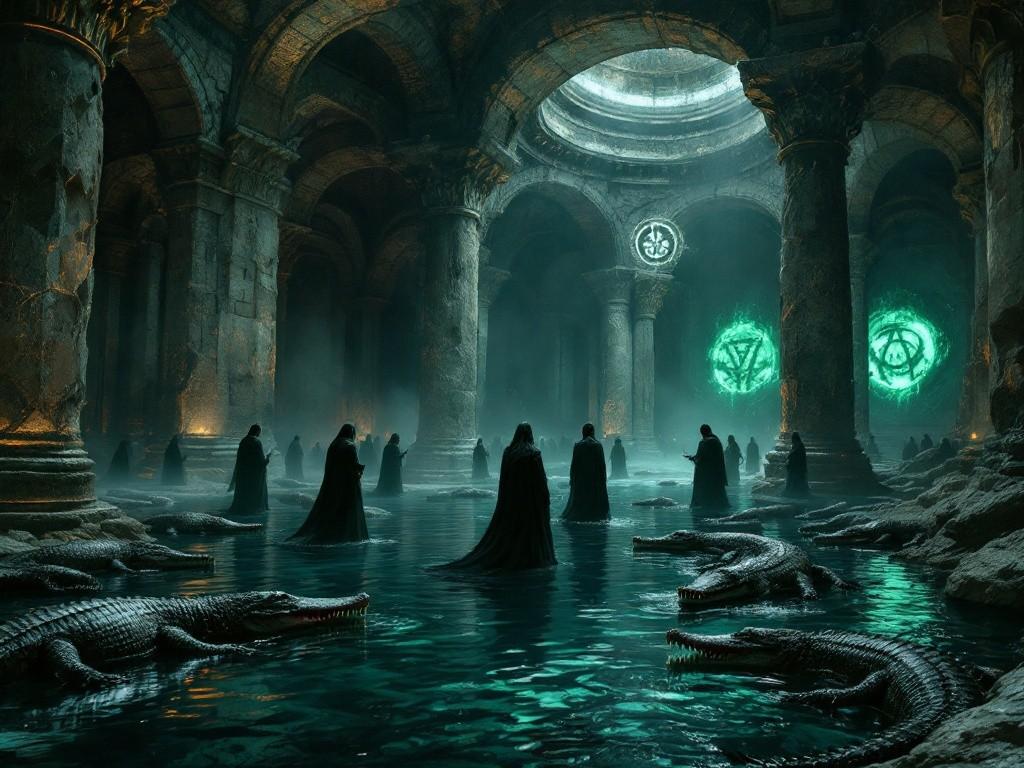 Ancient underground chamber with Roman architecture, partially flooded. Void-corrupted symbols glow on the walls, while several robed figures perform a ritual. Corrupted alligators lurk in the water’s shadows. Style: Dark fantasy meets gothic horror, eerie lighting, water reflections, ancient stonework detail.