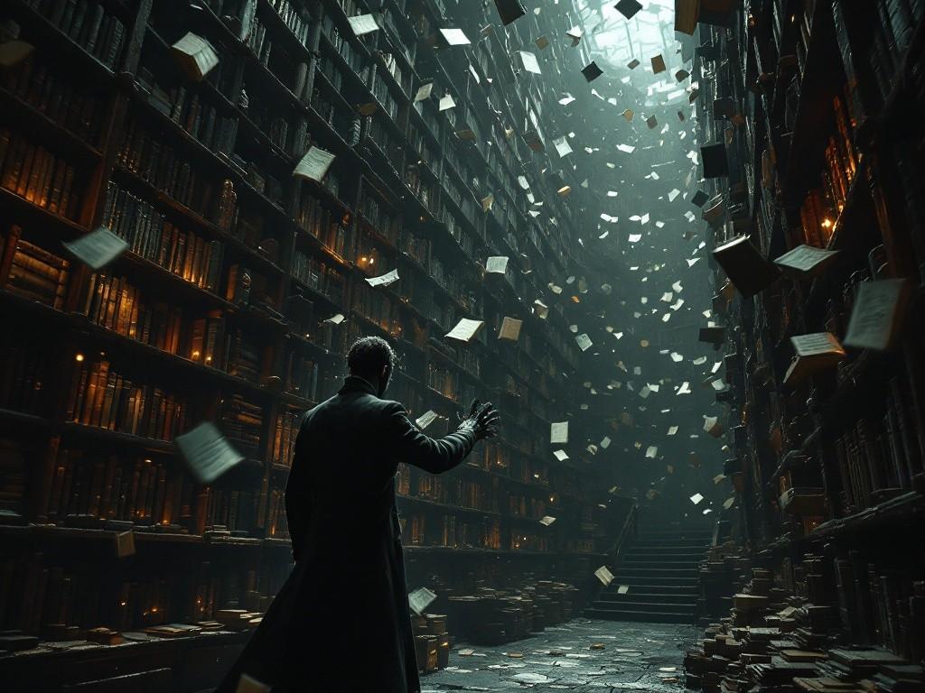 A Victorian-era bookshop interior with towering bookshelves disappearing into darkness. Books float in the air, their pages fluttering. A corrupted Inspector Hayes stands among the shelves, half-consumed by void energy, reaching out. Style: Dark gothic horror, atmospheric lighting, floating particles, reality distortion effects.