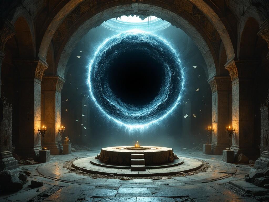 The basement ritual chamber with a massive void tear floating above an ancient altar. Reality warps around its edges while The Voice manifests as a horror of forgotten knowledge and darkness. Corrupted texts float in the air. Style: Cosmic horror, eldritch architecture, void effects, ancient stonework.